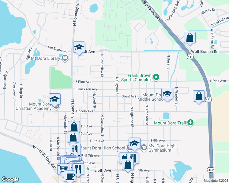 map of restaurants, bars, coffee shops, grocery stores, and more near 690 East Jackson Avenue in Mount Dora