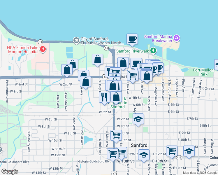 map of restaurants, bars, coffee shops, grocery stores, and more near 204 South Maple Avenue in Sanford