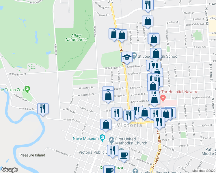 map of restaurants, bars, coffee shops, grocery stores, and more near 1709 North Glass Street in Victoria