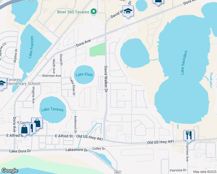 map of restaurants, bars, coffee shops, grocery stores, and more near 4012 Waltham Forest Drive in Tavares