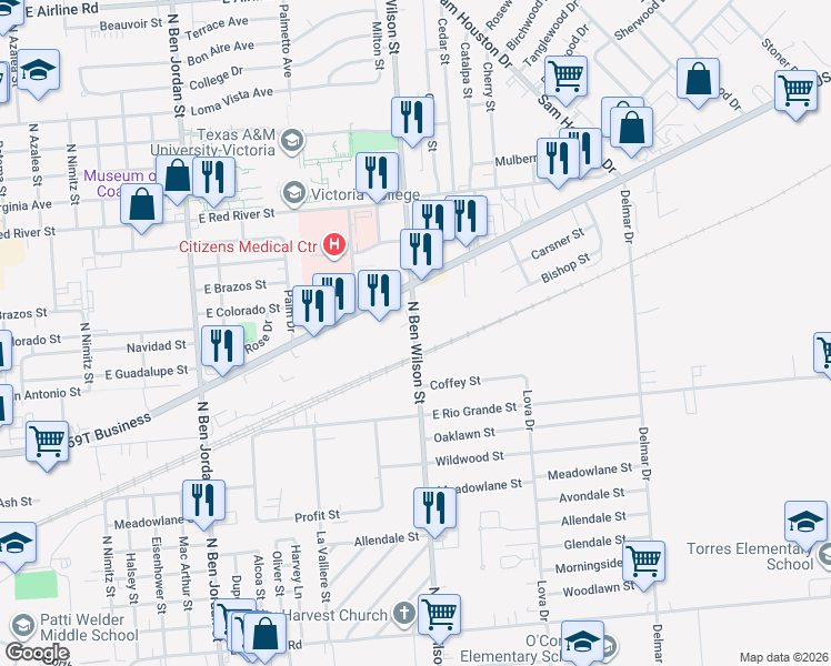 map of restaurants, bars, coffee shops, grocery stores, and more near 2403 North Ben Wilson Street in Victoria
