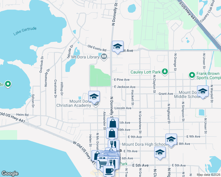 map of restaurants, bars, coffee shops, grocery stores, and more near 1515 North Donnelly Street in Mount Dora
