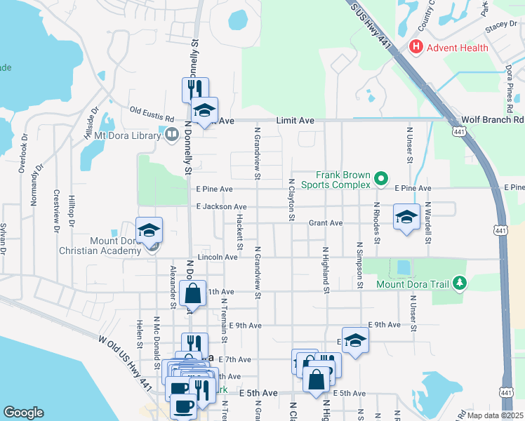 map of restaurants, bars, coffee shops, grocery stores, and more near 1518 North Grandview Street in Mount Dora