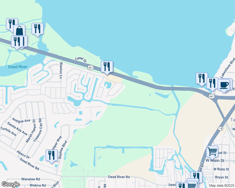 map of restaurants, bars, coffee shops, grocery stores, and more near 920 Vindale Road in Tavares