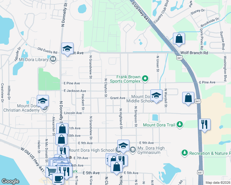 map of restaurants, bars, coffee shops, grocery stores, and more near 804 East Jackson Avenue in Mount Dora