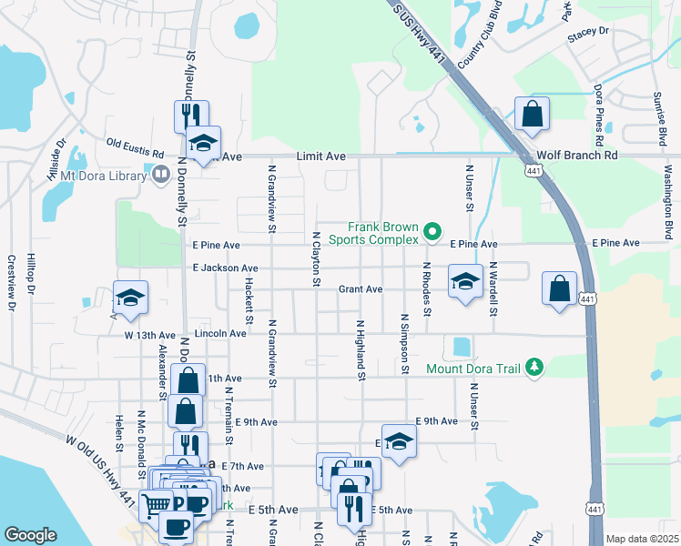 map of restaurants, bars, coffee shops, grocery stores, and more near 804 East Jackson Avenue in Mount Dora