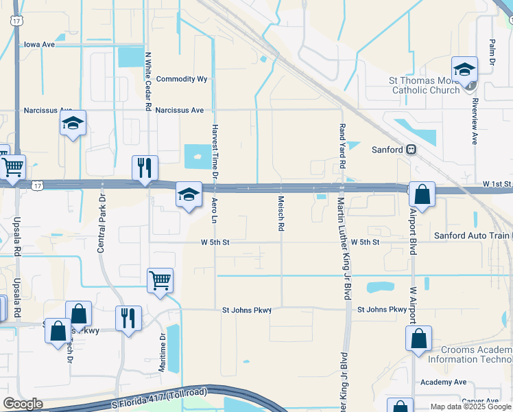 map of restaurants, bars, coffee shops, grocery stores, and more near 3301 Florida 46 in Sanford