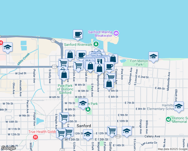 map of restaurants, bars, coffee shops, grocery stores, and more near 203 Magnolia Avenue in Sanford