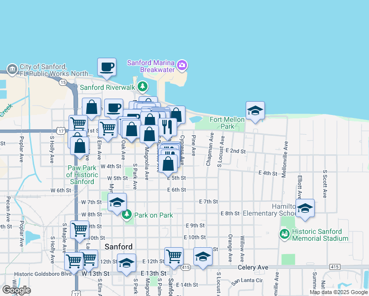 map of restaurants, bars, coffee shops, grocery stores, and more near 501 East 2nd Street in Sanford