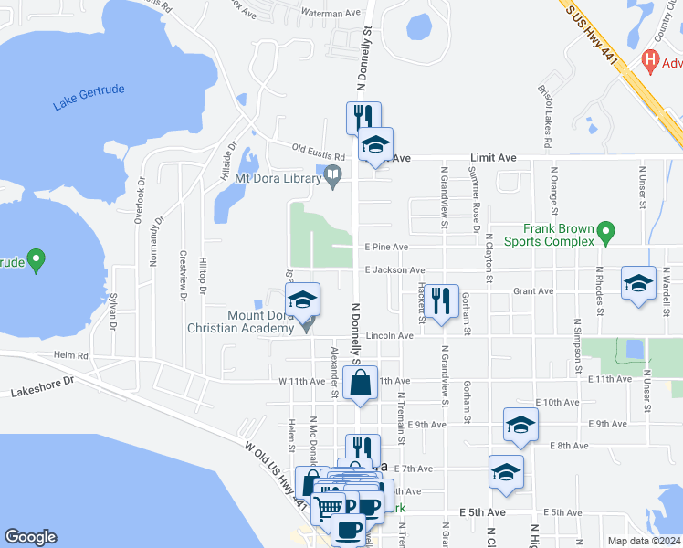 map of restaurants, bars, coffee shops, grocery stores, and more near 120 West Jackson Avenue in Mount Dora