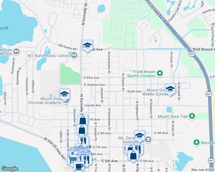 map of restaurants, bars, coffee shops, grocery stores, and more near 1518 North Grandview Street in Mount Dora