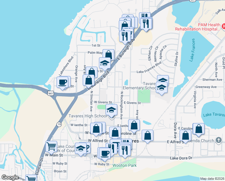 map of restaurants, bars, coffee shops, grocery stores, and more near 916 North New Hampshire Avenue in Tavares