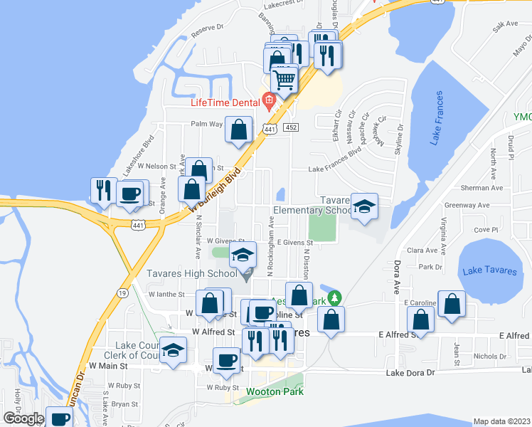 map of restaurants, bars, coffee shops, grocery stores, and more near 911 North Rockingham Avenue in Tavares