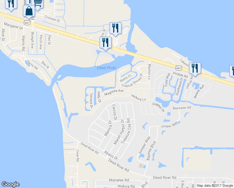 map of restaurants, bars, coffee shops, grocery stores, and more near 11711 Hickory Lane in Tavares