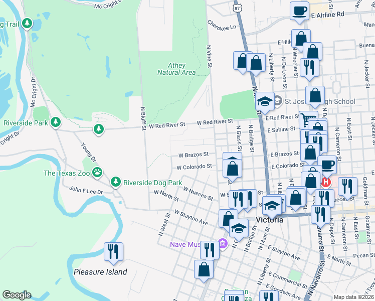 map of restaurants, bars, coffee shops, grocery stores, and more near 612 West Brazos Street in Victoria