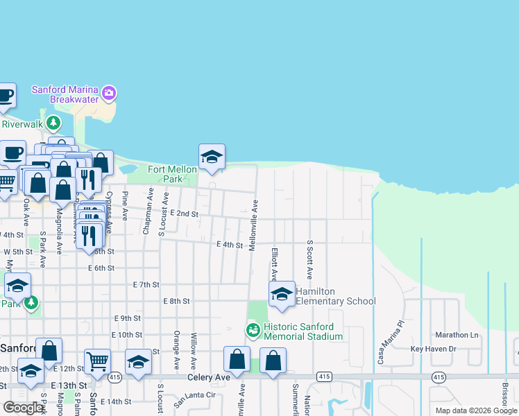 map of restaurants, bars, coffee shops, grocery stores, and more near 147 Mellonville Avenue in Sanford