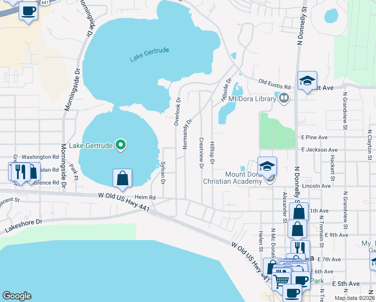 map of restaurants, bars, coffee shops, grocery stores, and more near 1528 Normandy Drive in Mount Dora
