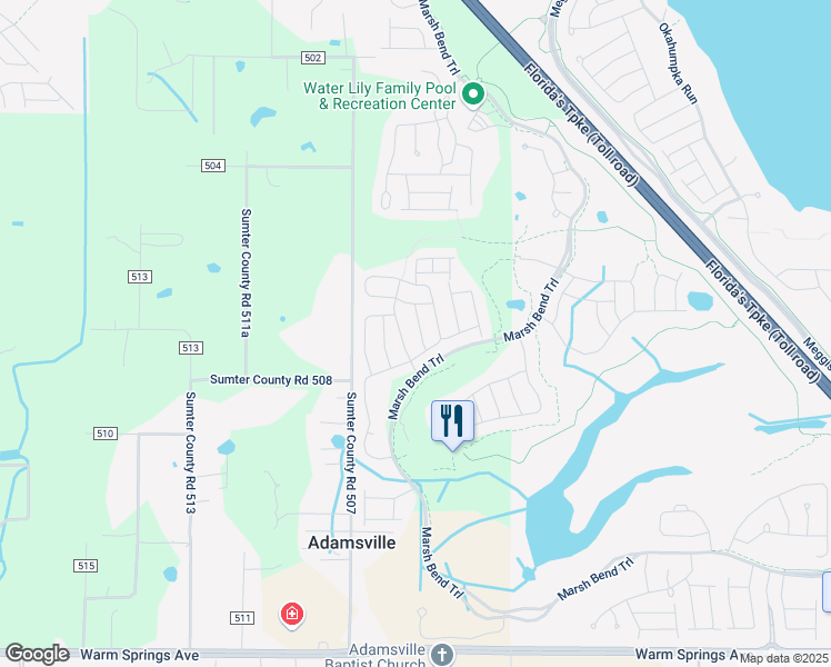 map of restaurants, bars, coffee shops, grocery stores, and more near 5054 Sanwald St in The Villages