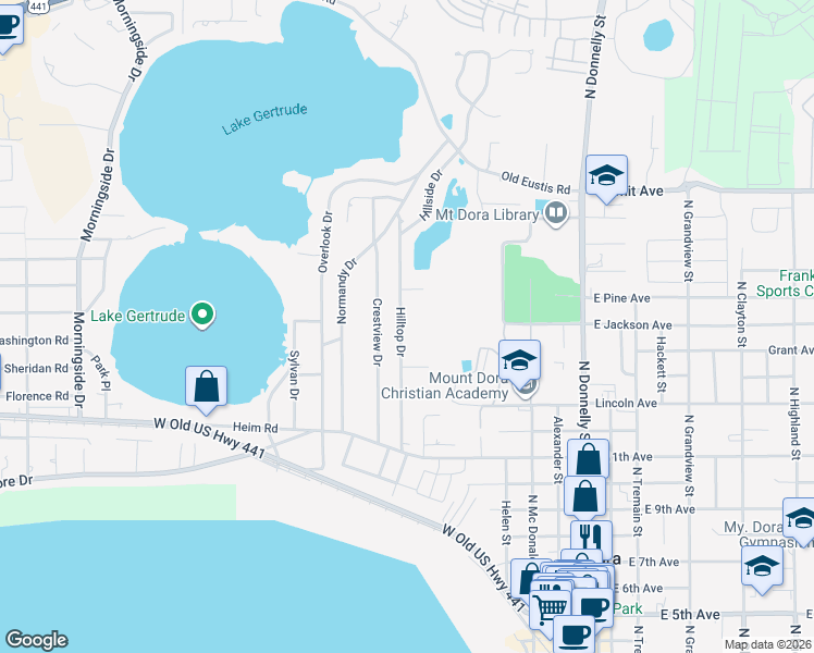 map of restaurants, bars, coffee shops, grocery stores, and more near 1604 Hilltop Drive in Mount Dora
