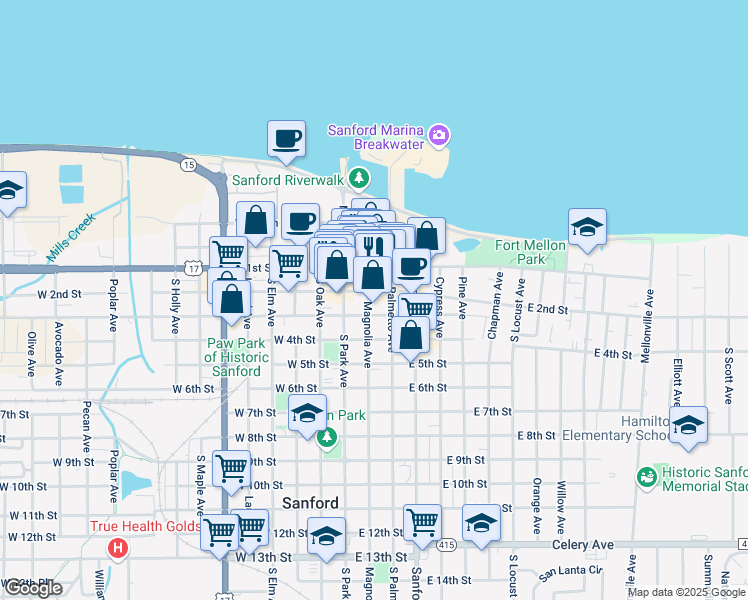 map of restaurants, bars, coffee shops, grocery stores, and more near 203 Magnolia Avenue in Sanford