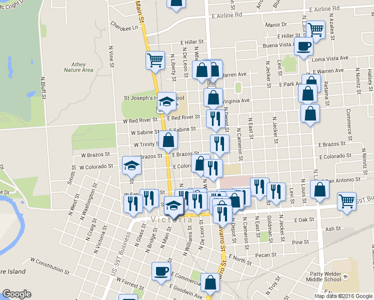 map of restaurants, bars, coffee shops, grocery stores, and more near 1703 North De Leon Street in Victoria