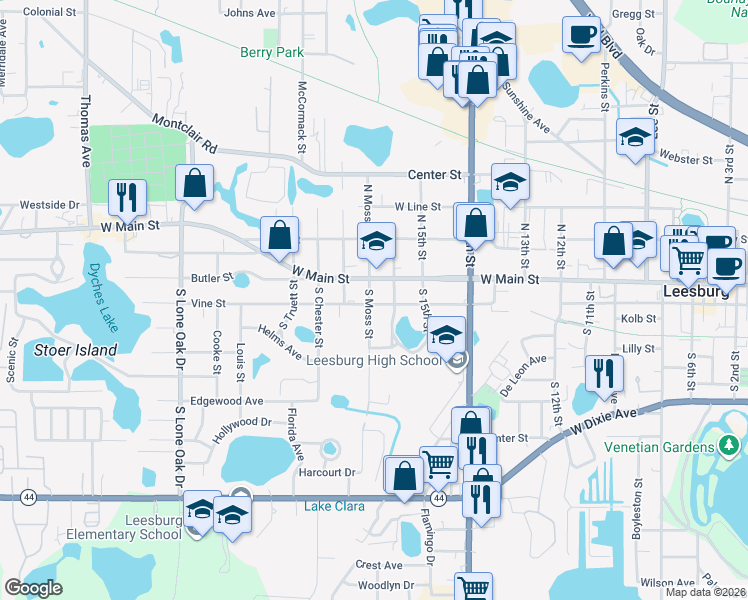 map of restaurants, bars, coffee shops, grocery stores, and more near 112 South Moss Street in Leesburg