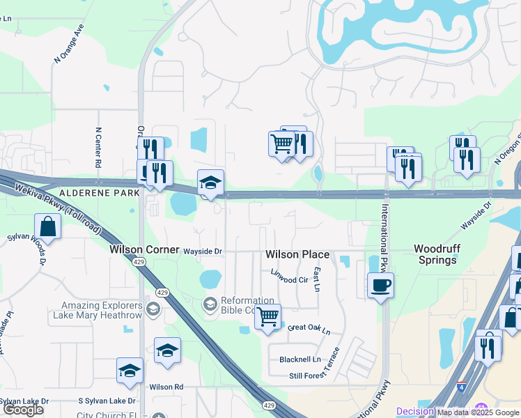 map of restaurants, bars, coffee shops, grocery stores, and more near 5433 West State Road 46 in Sanford