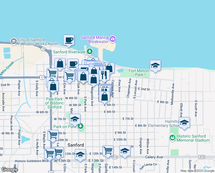 map of restaurants, bars, coffee shops, grocery stores, and more near 501 East 2nd Street in Sanford