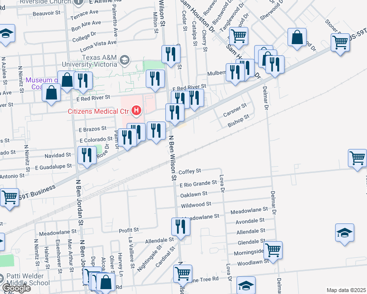 map of restaurants, bars, coffee shops, grocery stores, and more near 2308 North Ben Wilson Street in Victoria
