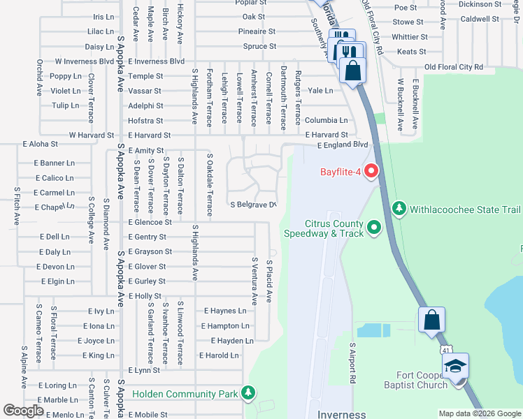map of restaurants, bars, coffee shops, grocery stores, and more near 3535 South Belgrave Drive in Inverness