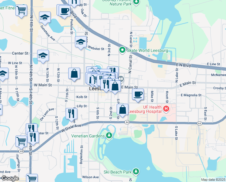 map of restaurants, bars, coffee shops, grocery stores, and more near 114 South 2nd Street in Leesburg