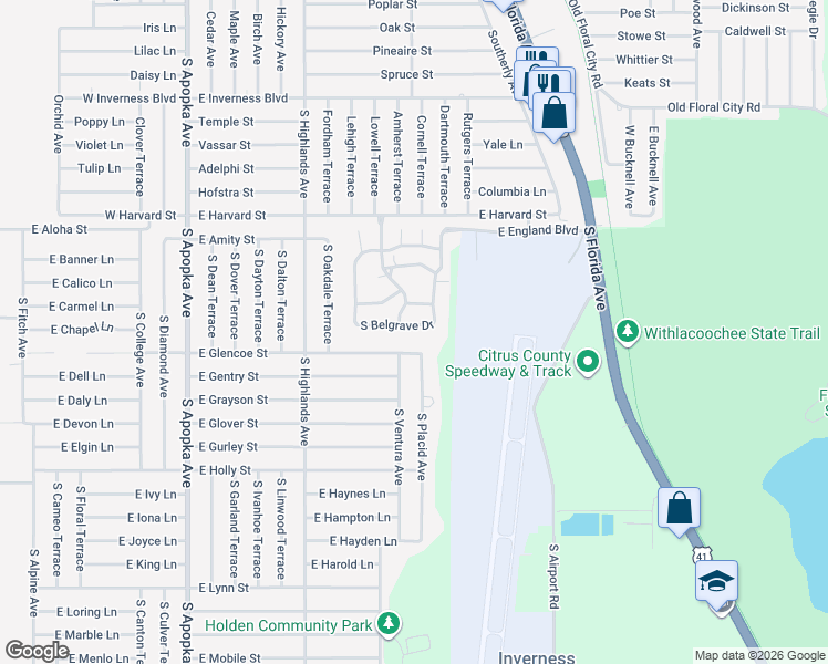 map of restaurants, bars, coffee shops, grocery stores, and more near 3533 South Belgrave Drive in Inverness