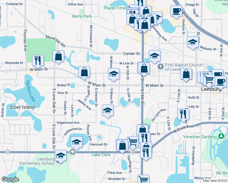 map of restaurants, bars, coffee shops, grocery stores, and more near 111 South College Street in Leesburg