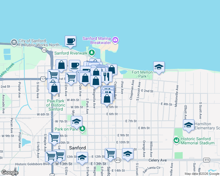map of restaurants, bars, coffee shops, grocery stores, and more near 201 Sanford Avenue in Sanford