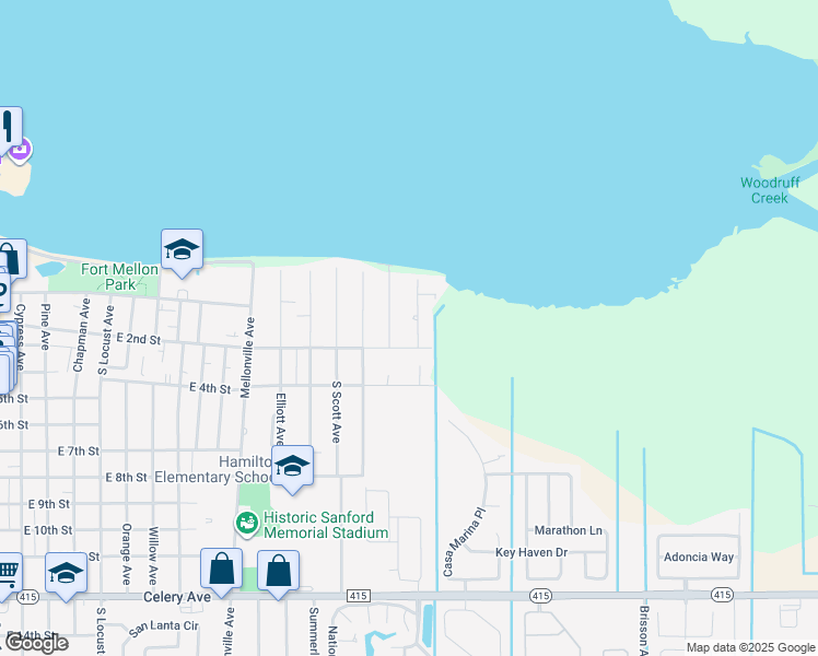 map of restaurants, bars, coffee shops, grocery stores, and more near 111 Shirley Avenue in Sanford