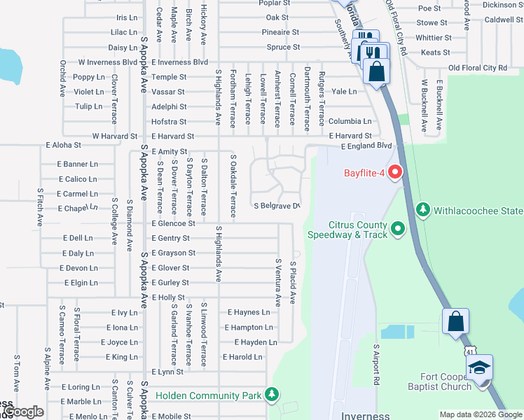 map of restaurants, bars, coffee shops, grocery stores, and more near 3569 South Belgrave Drive in Inverness