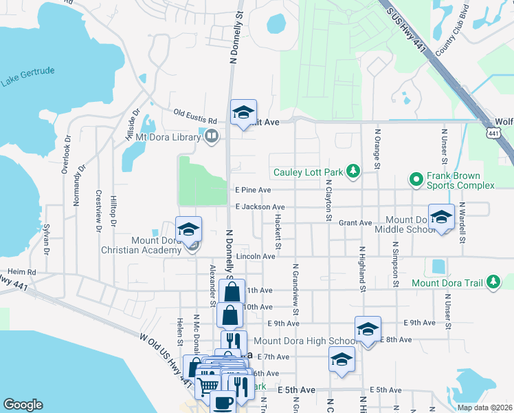 map of restaurants, bars, coffee shops, grocery stores, and more near 1525 Granite State Court in Mount Dora