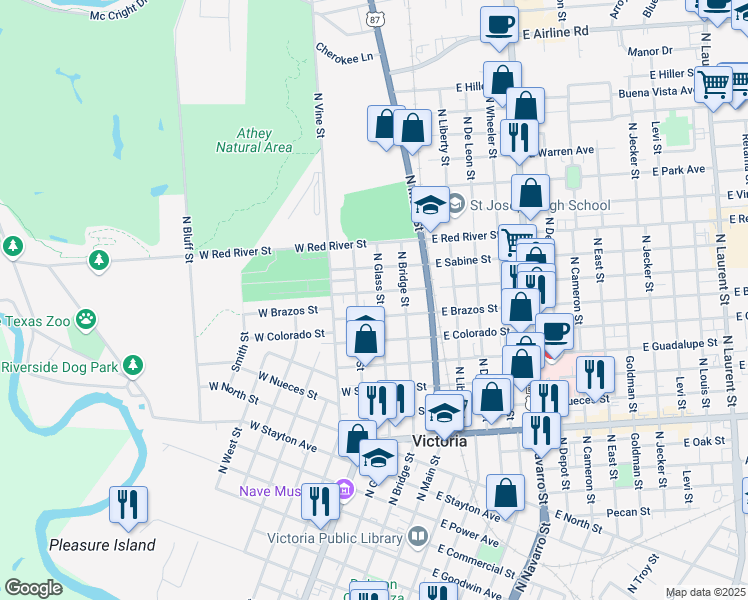 map of restaurants, bars, coffee shops, grocery stores, and more near 1709 N Glass St in Victoria