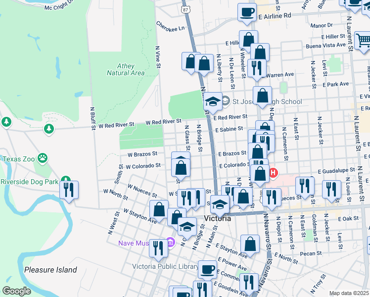 map of restaurants, bars, coffee shops, grocery stores, and more near 1709 North Glass Street in Victoria