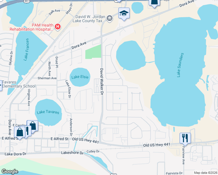 map of restaurants, bars, coffee shops, grocery stores, and more near 4006 Waltham Forest Drive in Tavares