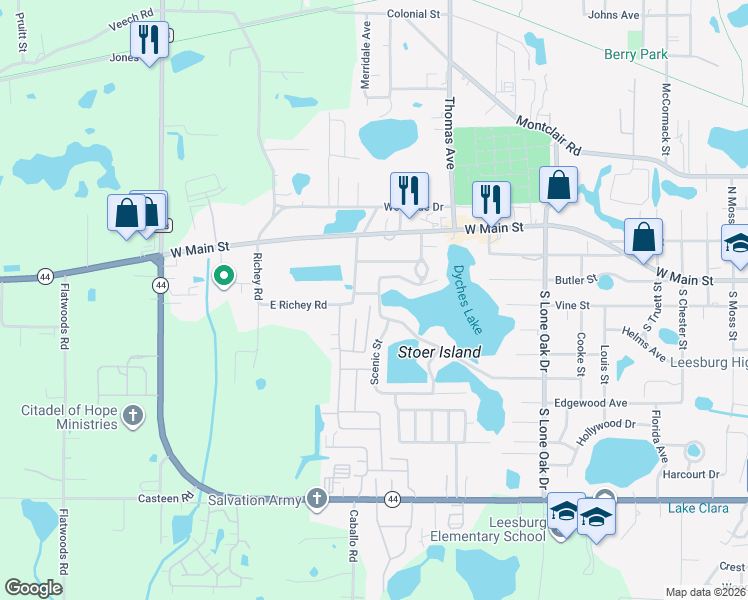 map of restaurants, bars, coffee shops, grocery stores, and more near 2601 Western Way in Leesburg