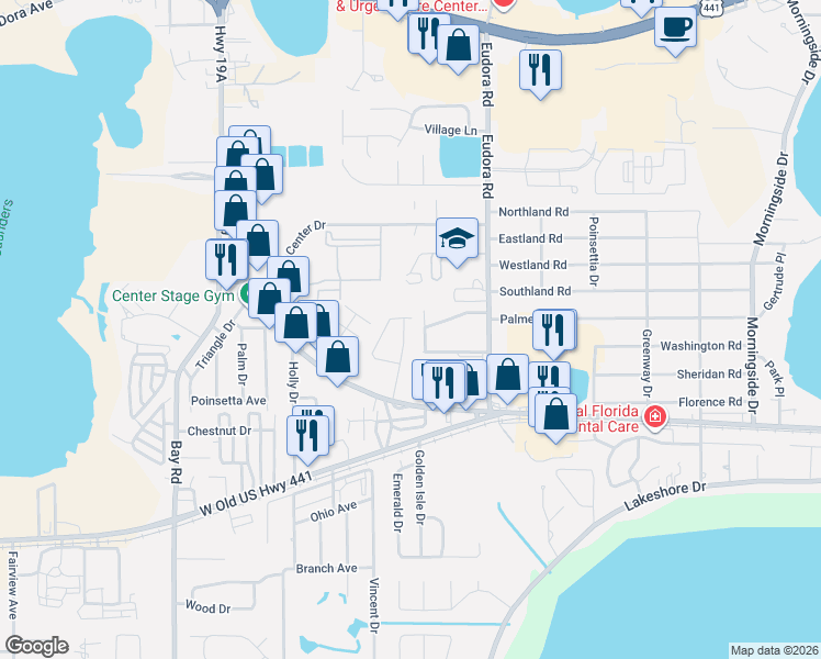 map of restaurants, bars, coffee shops, grocery stores, and more near 1490 Indiana Avenue in Mount Dora
