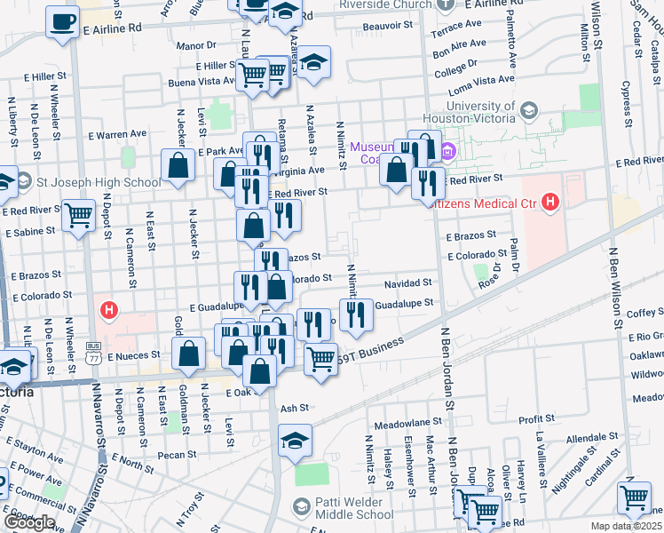 map of restaurants, bars, coffee shops, grocery stores, and more near 1603 East Brazos Street in Victoria