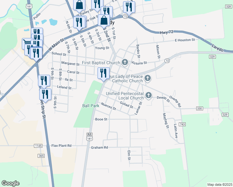 map of restaurants, bars, coffee shops, grocery stores, and more near 821 Saint Mary's Street in Kenedy