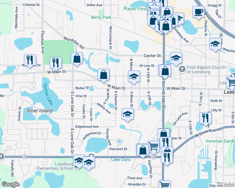 map of restaurants, bars, coffee shops, grocery stores, and more near 110 South Chester Street in Leesburg
