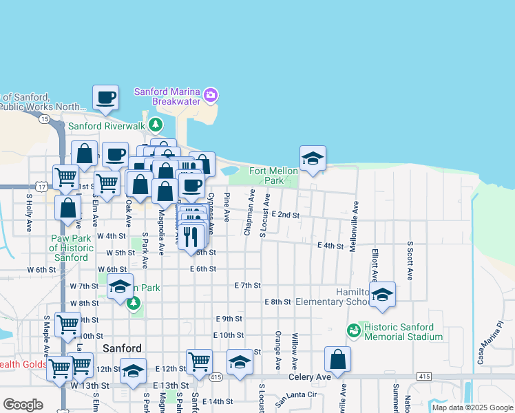 map of restaurants, bars, coffee shops, grocery stores, and more near 711 East 1st Street in Sanford