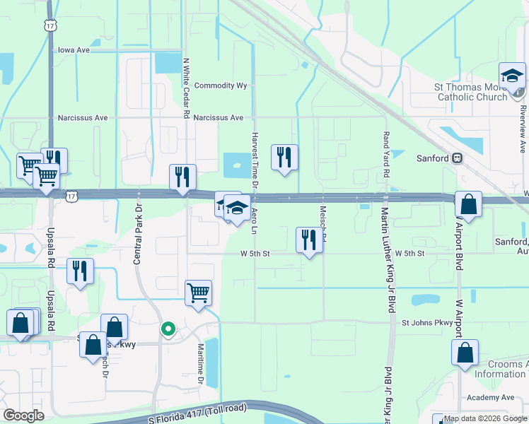 map of restaurants, bars, coffee shops, grocery stores, and more near 100 Aero Lane in Sanford