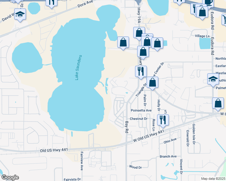 map of restaurants, bars, coffee shops, grocery stores, and more near 1500 Baywood Village Court in Mount Dora