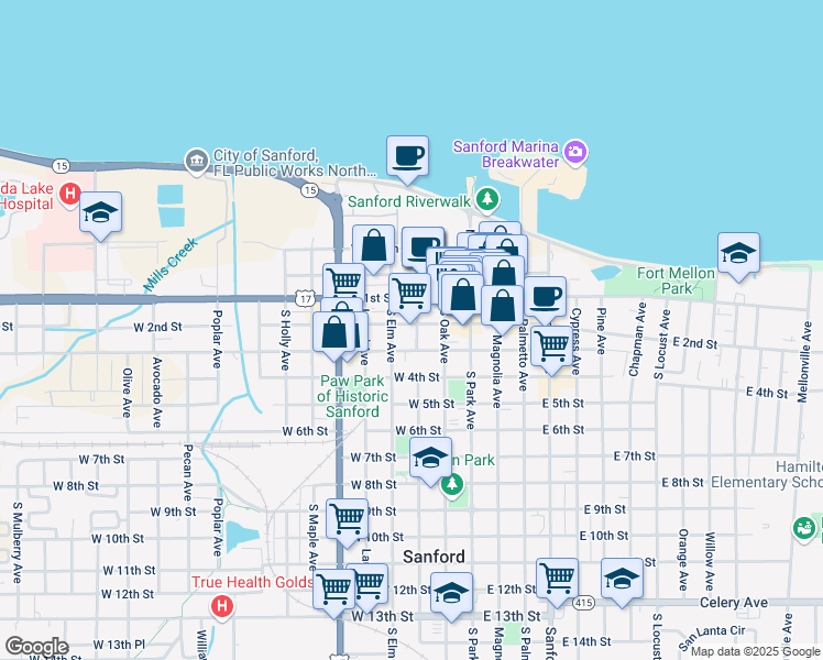 map of restaurants, bars, coffee shops, grocery stores, and more near 200 Myrtle Avenue in Sanford