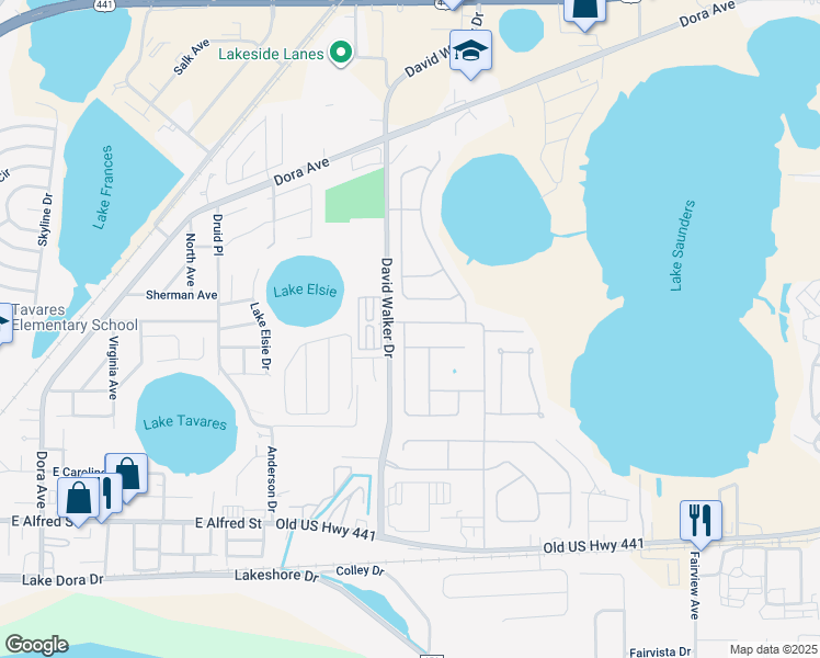 map of restaurants, bars, coffee shops, grocery stores, and more near 1575 Merry Road in Tavares